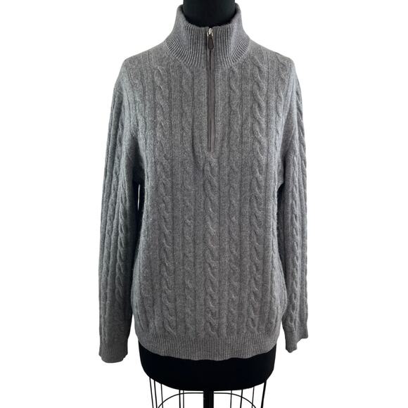 Saks Fifth Avenue Gray Sweater Cashmere Cable Knit Mock Neck 1/4 Zip Sz M Medium - Picture 1 of 11